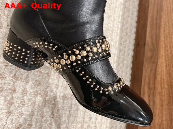 Dior Belle D Heeled Boot in Black Patent Calfskin and Gold Finish Studs Replica