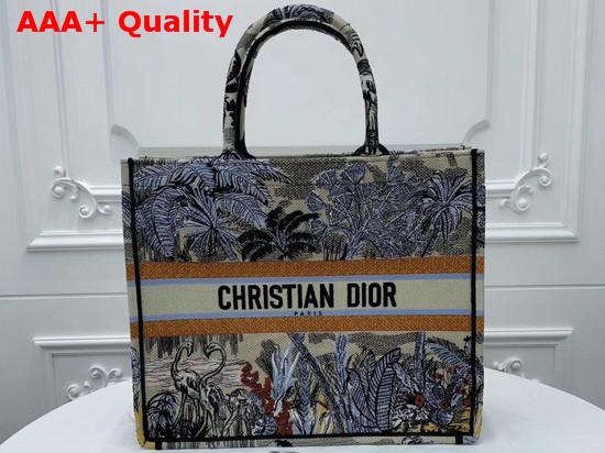 Dior Book Tote Bag in Canvas Embroidered with a Leaf Blue Toile De Jouy Tropicalia Motif Replica