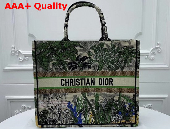 Dior Book Tote Bag in Canvas Embroidered with a Leaf Green Toile De Jouy Tropicalia Motif Replica