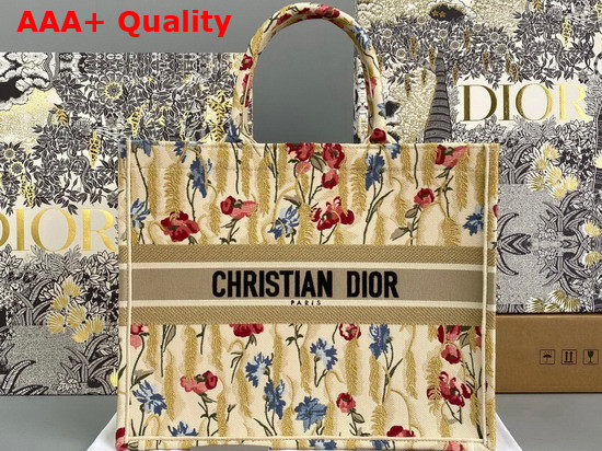 Dior Book Tote Beige Multicolor Dior Hibiscus Metallic Thread Embroidery Replica