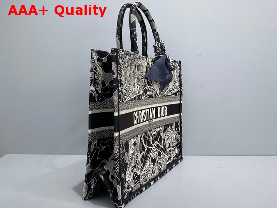 Dior Book Tote Black and White Dior Around the World Embroidery Replica