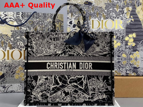 Dior Book Tote Black and White Dior Around the World Embroidery Replica