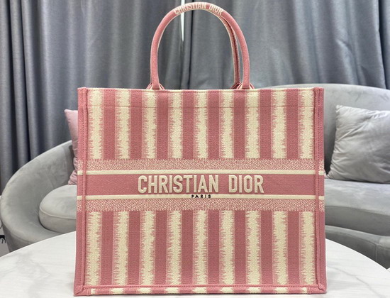 Dior Book Tote Pink Stripes Embroidery Replica