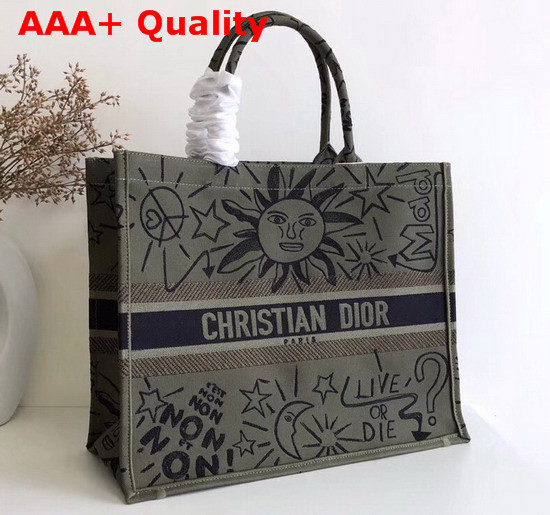 Dior Book Tote in Green Embroidered Canvas Replica