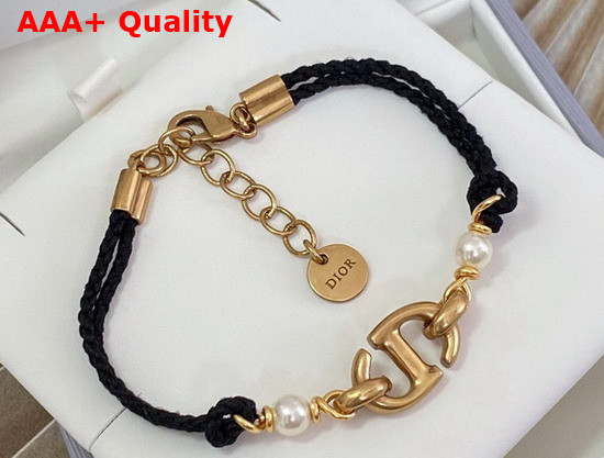 Dior CD Navy Bracelet Gold Finish Metal with Black Cotton and White Resin Pearls Replica