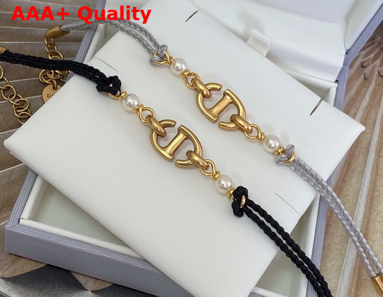 Dior CD Navy Bracelet Gold Finish Metal with Gray Cotton and White Resin Pearls Replica