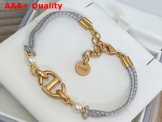 Dior CD Navy Bracelet Gold Finish Metal with Gray Cotton and White Resin Pearls Replica