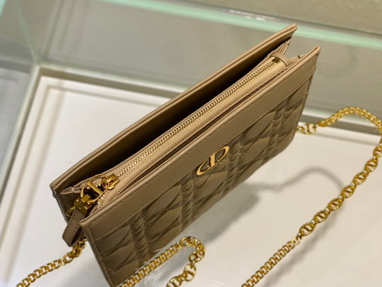 Dior Caro Zipped Pouch with Chain Beige Supple Cannage Calfskin Replica