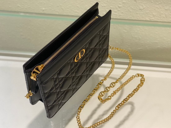 Dior Caro Zipped Pouch with Chain Black Supple Cannage Calfskin Replica