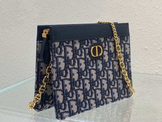 Dior Caro Zipped Pouch with Chain Blue Dior Oblique Jacquard Canvas Replica