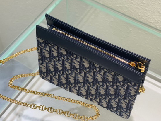 Dior Caro Zipped Pouch with Chain Blue Dior Oblique Jacquard Canvas Replica