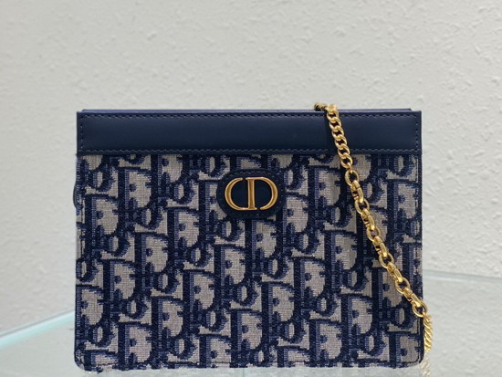 Dior Caro Zipped Pouch with Chain Blue Dior Oblique Jacquard Canvas Replica