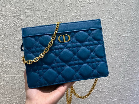 Dior Caro Zipped Pouch with Chain Blue Supple Cannage Calfskin Replica