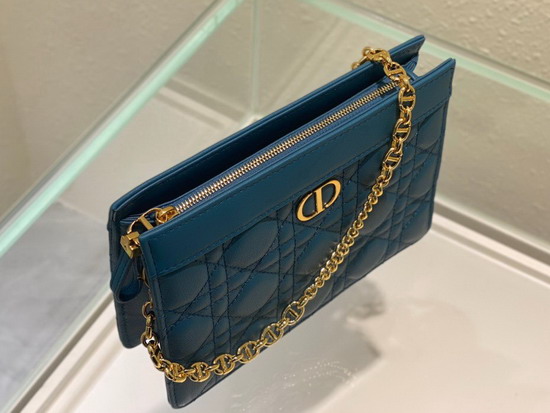 Dior Caro Zipped Pouch with Chain Blue Supple Cannage Calfskin Replica