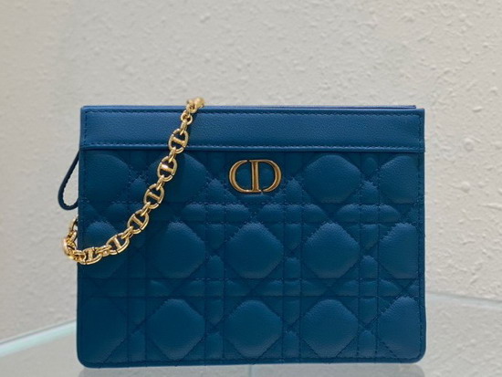 Dior Caro Zipped Pouch with Chain Blue Supple Cannage Calfskin Replica