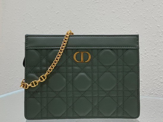 Dior Caro Zipped Pouch with Chain Cedar Green Supple Cannage Calfskin Replica