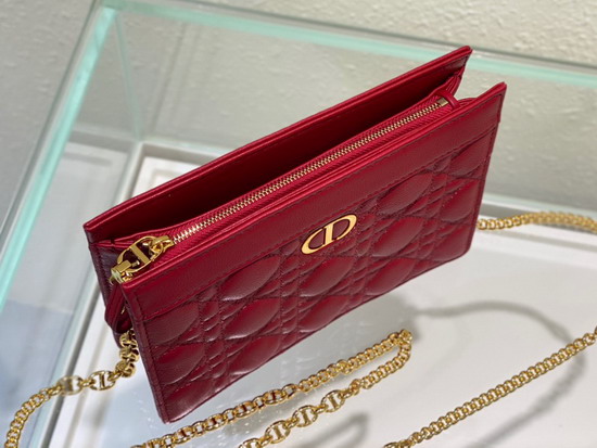 Dior Caro Zipped Pouch with Chain Red Supple Cannage Calfskin Replica