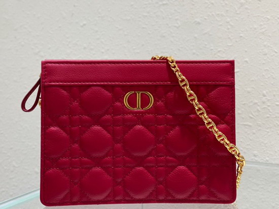 Dior Caro Zipped Pouch with Chain Red Supple Cannage Calfskin Replica