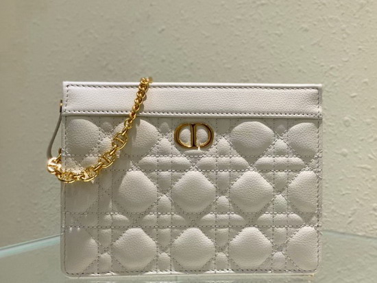 Dior Caro Zipped Pouch with Chain White Supple Cannage Calfskin Replica