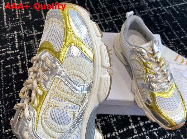 Dior Chrono Sneaker Beige Mesh with Gold Tone and Silver Tone Laminated Leather Effect Panels Replica