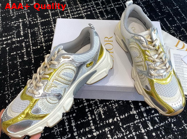 Dior Chrono Sneaker Beige Mesh with Gold Tone and Silver Tone Laminated Leather Effect Panels Replica