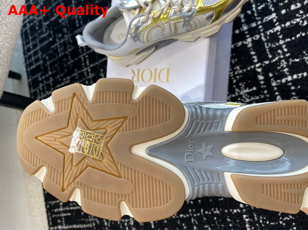 Dior Chrono Sneaker Beige Mesh with Gold Tone and Silver Tone Laminated Leather Effect Panels Replica