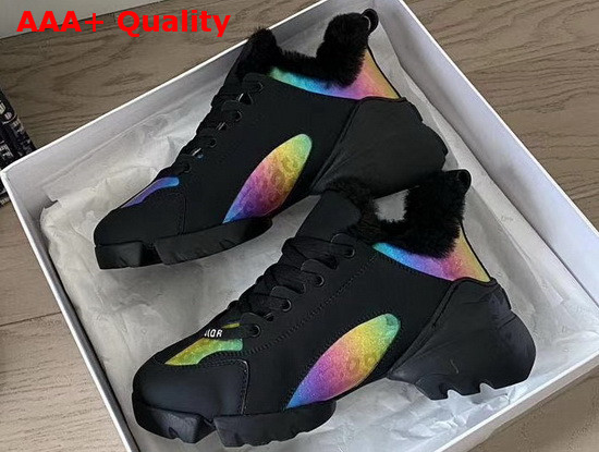 Dior D Connect Sneaker in Black Leather and Multicolor Fabric with Shearling Lining Replica