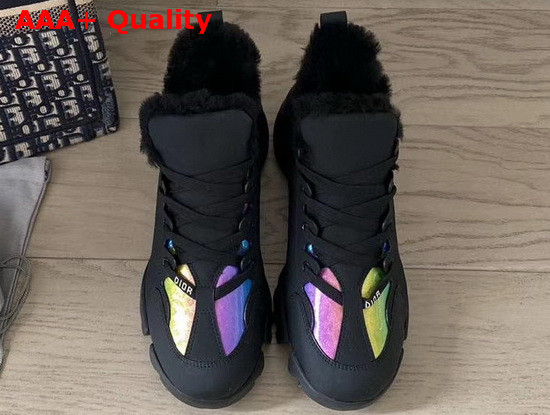 Dior D Connect Sneaker in Black Leather and Multicolor Fabric with Shearling Lining Replica