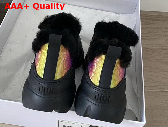 Dior D Connect Sneaker in Black Leather and Multicolor Fabric with Shearling Lining Replica