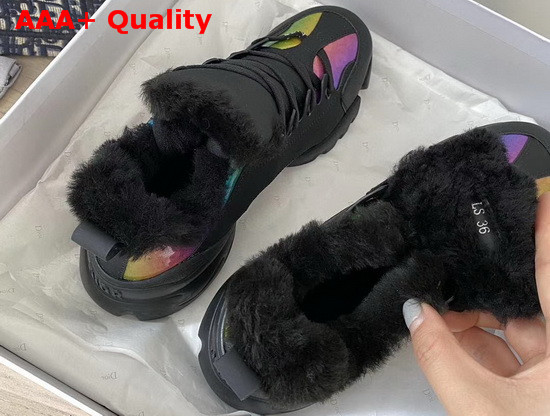 Dior D Connect Sneaker in Black Leather and Multicolor Fabric with Shearling Lining Replica