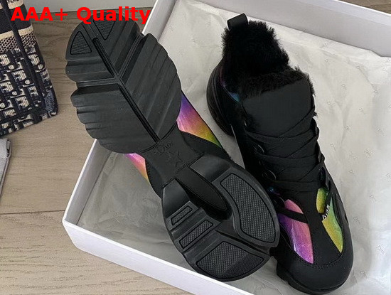 Dior D Connect Sneaker in Black Leather and Multicolor Fabric with Shearling Lining Replica