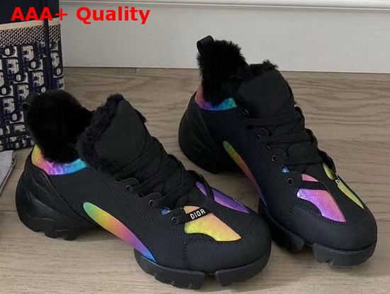 Dior D Connect Sneaker in Black Leather and Multicolor Fabric with Shearling Lining Replica