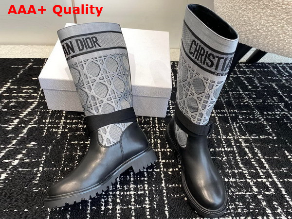 Dior D Major Boot Black Calfskin with Gray Embroidered Cannage Cotton Replica