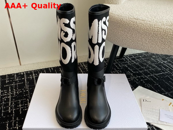 Dior D Major Boot Black Technical Fabric with White Miss Dior Graffiti Print and Black Calfskin Replica