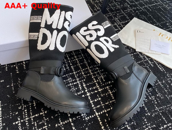 Dior D Major Boot Black Technical Fabric with White Miss Dior Graffiti Print and Black Calfskin Replica