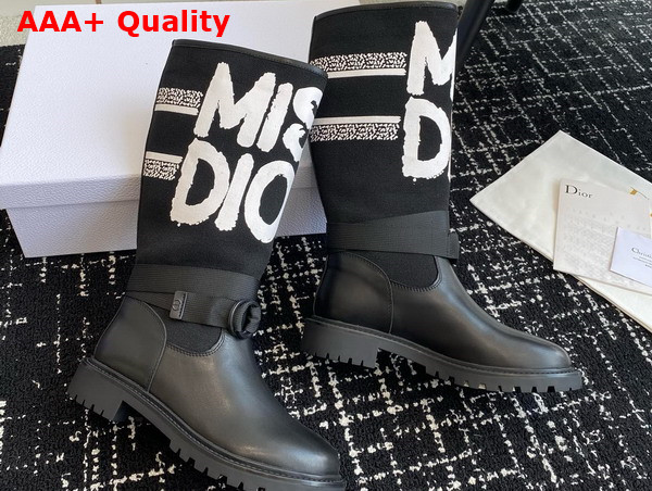 Dior D Major Boot Black Technical Fabric with White Miss Dior Graffiti Print and Black Calfskin Replica