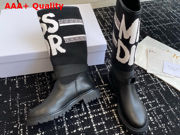 Dior D Major Boot Black Technical Fabric with White Miss Dior Graffiti Print and Black Calfskin Replica