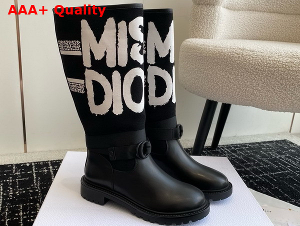 Dior D Major Boot Black Technical Fabric with White Miss Dior Graffiti Print and Black Calfskin Replica