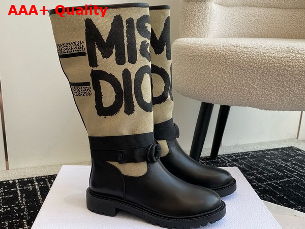 Dior D Major Boot Warm Taupe Technical Canvas with Black Miss Dior Graffiti Print and Black Calfskin Replica