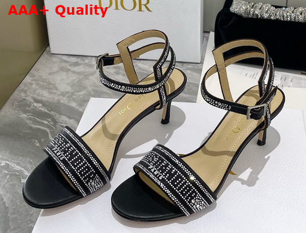 Dior Dway Heeled Sandal Black Cotton Embroidered with Thread and Silver Tone Strass Replica