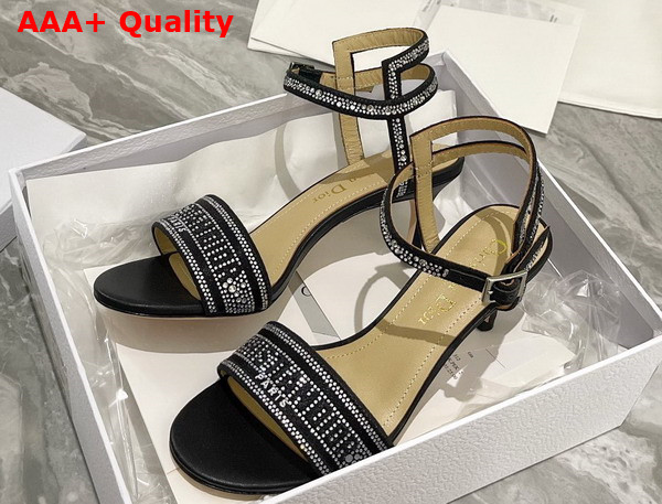 Dior Dway Heeled Sandal Black Cotton Embroidered with Thread and Silver Tone Strass Replica