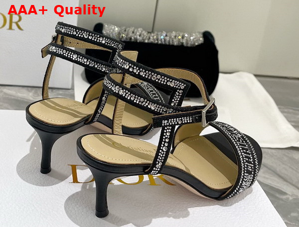 Dior Dway Heeled Sandal Black Cotton Embroidered with Thread and Silver Tone Strass Replica