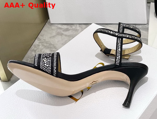 Dior Dway Heeled Sandal Black Cotton Embroidered with Thread and Silver Tone Strass Replica