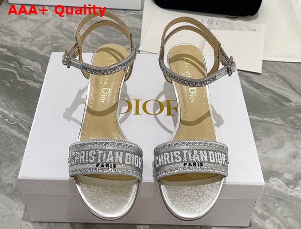 Dior Dway Heeled Sandal Cotton Metallic Thread Embroidery and Silver Tone Strass Replica