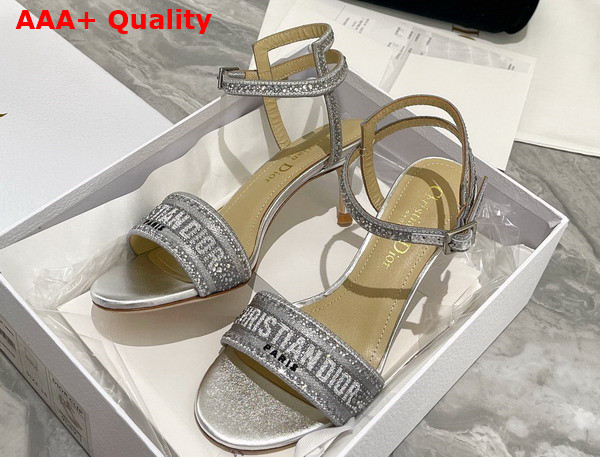 Dior Dway Heeled Sandal Cotton Metallic Thread Embroidery and Silver Tone Strass Replica