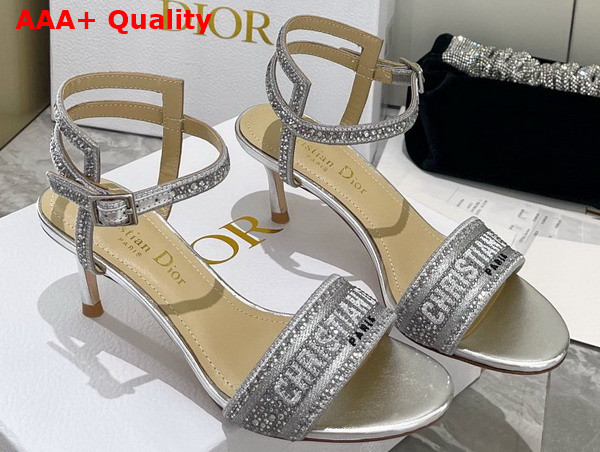 Dior Dway Heeled Sandal Cotton Metallic Thread Embroidery and Silver Tone Strass Replica