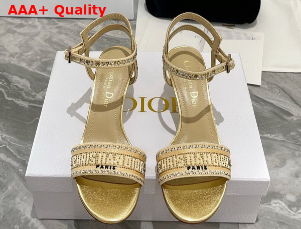 Dior Dway Heeled Sandal Gold Tone Cotton Embroidered with Metallic Thread and Strass Replica