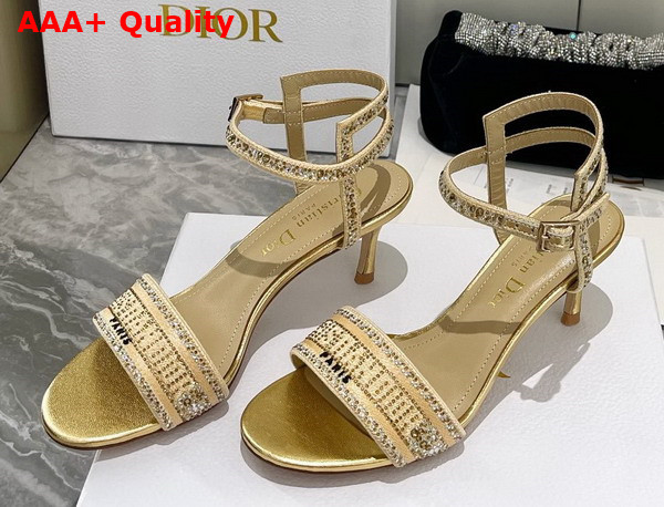 Dior Dway Heeled Sandal Gold Tone Cotton Embroidered with Metallic Thread and Strass Replica