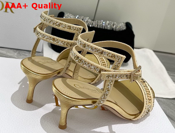 Dior Dway Heeled Sandal Gold Tone Cotton Embroidered with Metallic Thread and Strass Replica