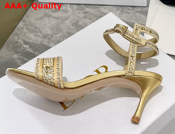 Dior Dway Heeled Sandal Gold Tone Cotton Embroidered with Metallic Thread and Strass Replica